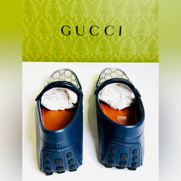 Gucci Interlocking G Driver Loafers Blue Classic Double G Canvas Size 10.5 NEW! - Picture 10 of 16